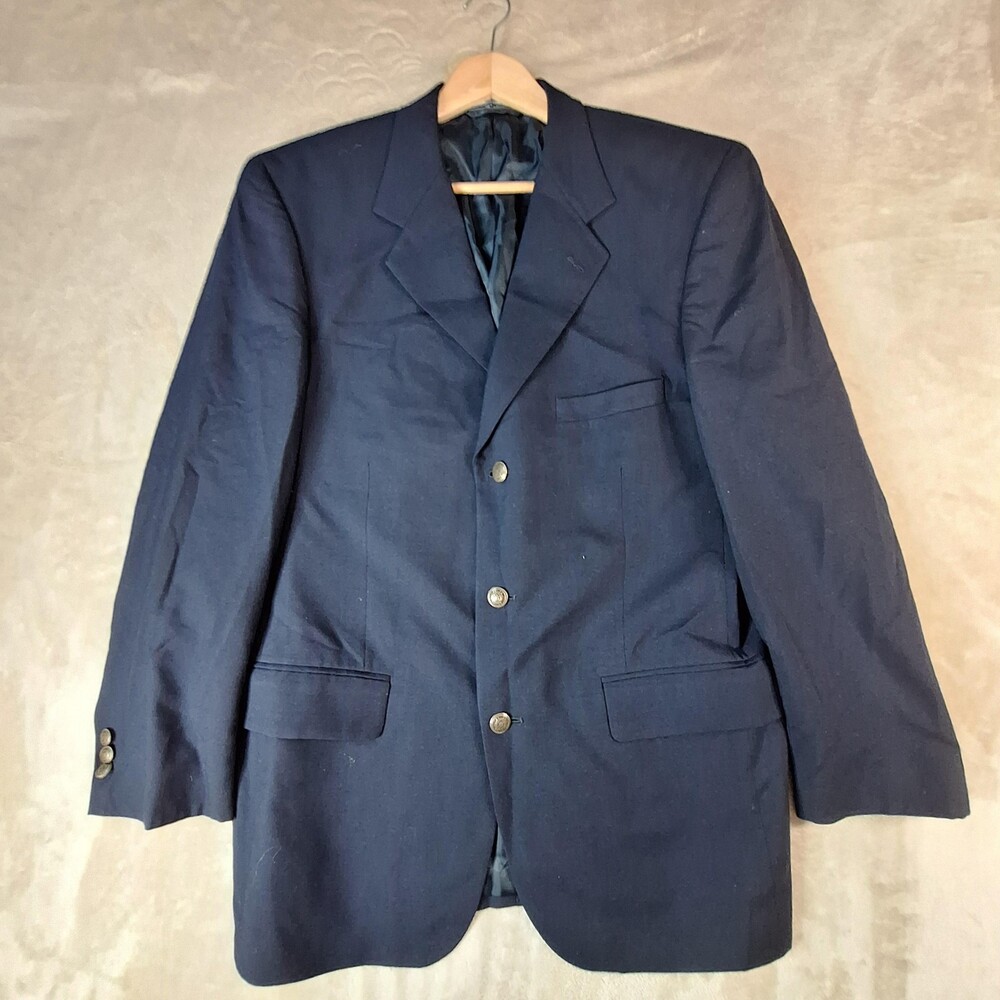 Jeffrey Banks Blazer Mens 42R Blue 100% Wool Ventless 3 Button Formal Jacket